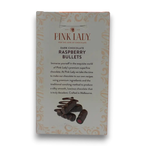 Raspberry-filled dark chocolate bullets by Pink Lady in 200g box, perfect for gifting or retail from The Professors Online Lolly Shop.