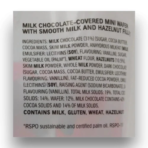 Ingredients list of Kinder Bueno - Mini (97g bag | ~18 x 5.4g pcs).