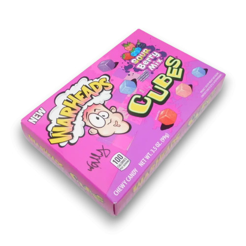 Warheads Sour Berry Mix Cubes 99g box showing berry cube design, stocked at The Professors Online Lolly Shop.