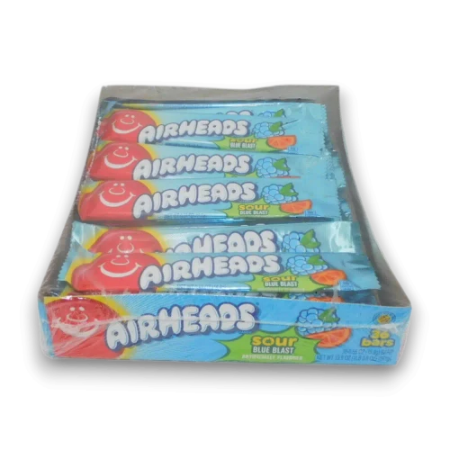 Airheads Sour Blue Blast chewy candy bars in a 36 pack display box at The Professors Online Lolly Shop.