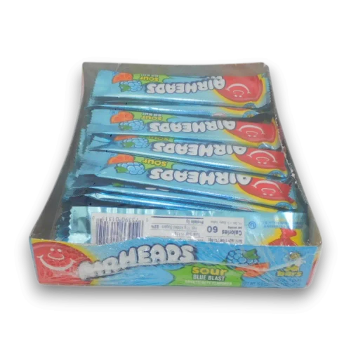 Airheads Sour Blue Blast individually wrapped sour chewy bars in a colourful 36 bar display unit at The Professors Online Lolly Shop.