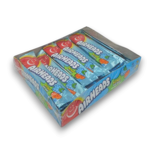 Blue raspberry flavoured Airheads Sour Blue Blast candy bars in retail display packaging at The Professors Online Lolly Shop.