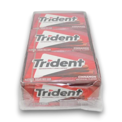 Trident Cinnamon sugar free gum display tray with twelve 14 stick packs at The Professors Online Lolly Shop.