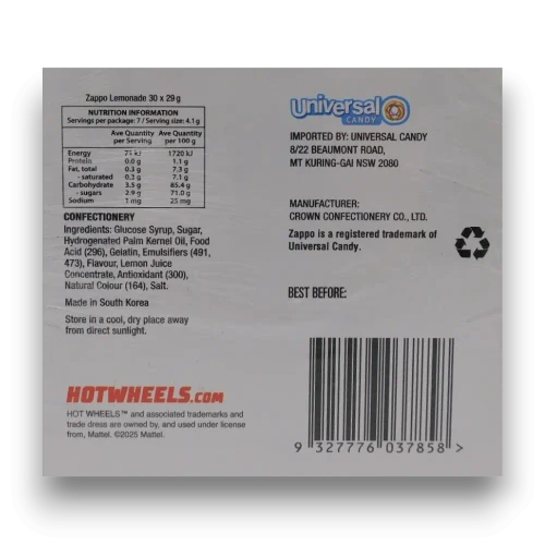 Nutritional panel of Zappo Hot Wheels Sour Lemonade chew bar display unit