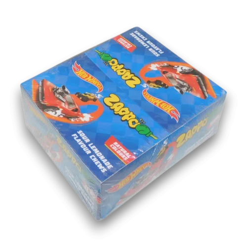 Zappo Sour Lemonade flavour chews with Hot Wheels branding in 30-piece display box from The Professors