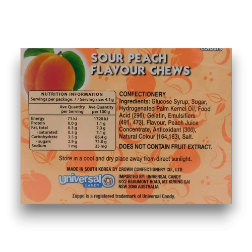 Nutritional panel and packaging details for Zappo Sour Peach Flavour Chews from The Professors Online Lolly Shop.
