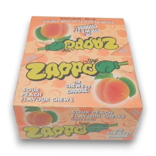 Zappo Sour Peach chewy candy display box with peach graphics at The Professors Online Lolly Shop.