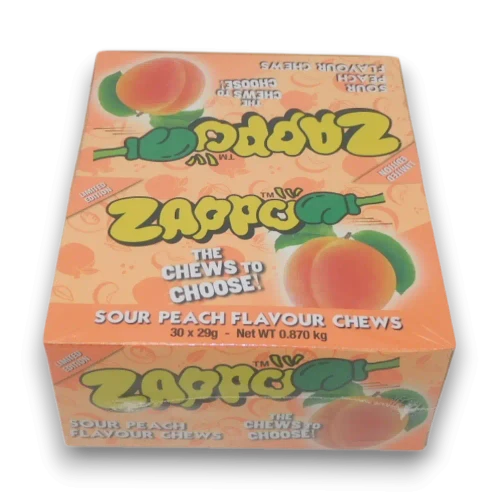 Zappo Sour Peach chew display packaging showing peach-themed design at The Professors Online Lolly Shop.