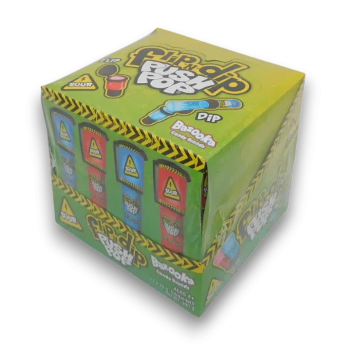 Push Pop Flip n Dip novelty sour candy packs in a 12 piece display unit at The Professors Online Lolly Shop.
