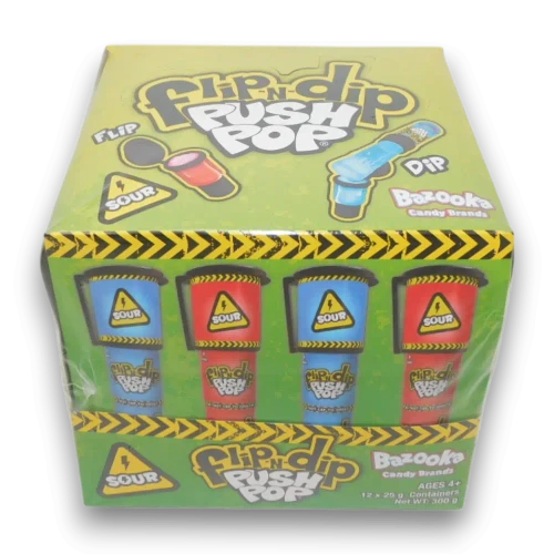 Bazooka Flip n Dip Push Pop sour candy display box with strawberry and blue raspberry flavours at The Professors
