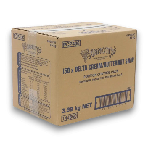 Arnott's Butternut Snap and Delta Cream individually wrapped biscuits, displayed inside the bulk box.