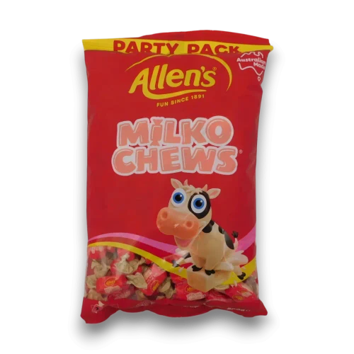 Allens Milko Chews 1kg bulk bag with individually wrapped creamy chewy milk flavoured lollies at The Professors Online Lolly Shop.