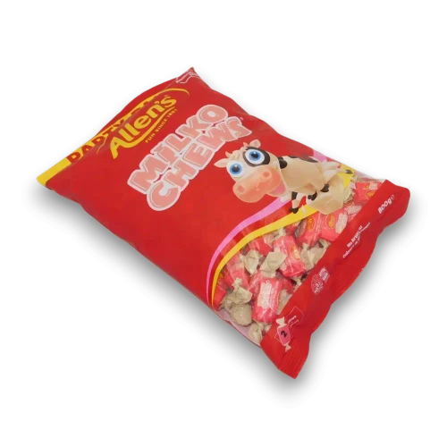 Allens Milko Chews chewy milk flavoured candies in a 1kg share bag at The Professors Online Lolly Shop.