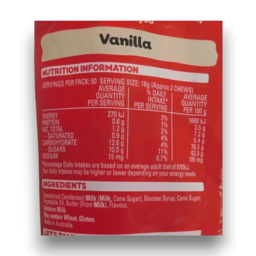Nutritional information of Allens Milko Chews 1kg bulk bag