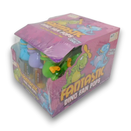 Fantastic Dino Fan Pops 12 piece display featuring colourful dinosaur characters with spinning fan tops