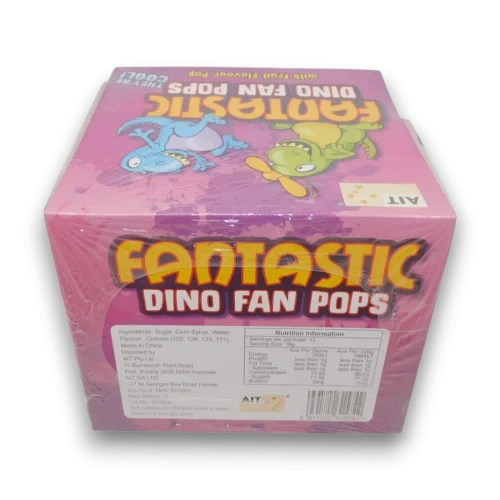 Fantastic Dino Fan Pops novelty dinosaur fan lollipops in retail display unit, available at The Professors Online Lolly Shop.