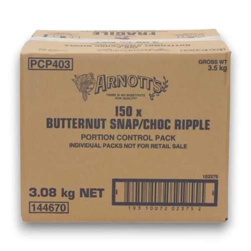 Bulk box of Arnott’s Butternut Snap and Choc Ripple Portion Packs, with 150 packs inside.