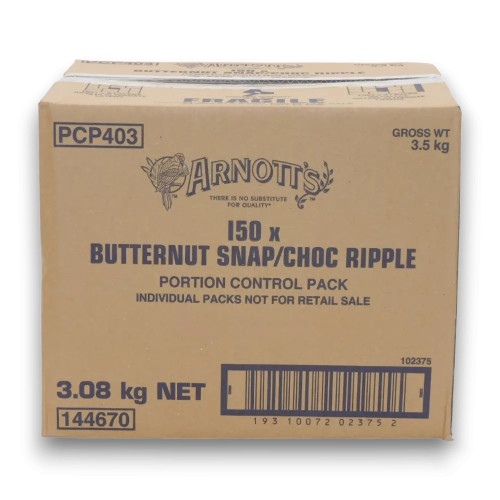 Arnott’s Butternut Snap and Choc Ripple Portion Pack carton with portion control label, available at The Professors.
