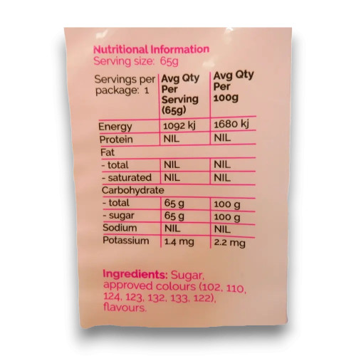 Nutritional information of The Fairy Floss King yellow fairy floss in a 65g bag.