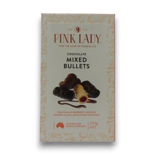 Pink Lady Chocolate Mixed Bullets 200g box with chocolate coated liquorice pieces at The Professors Online Lolly Shop.