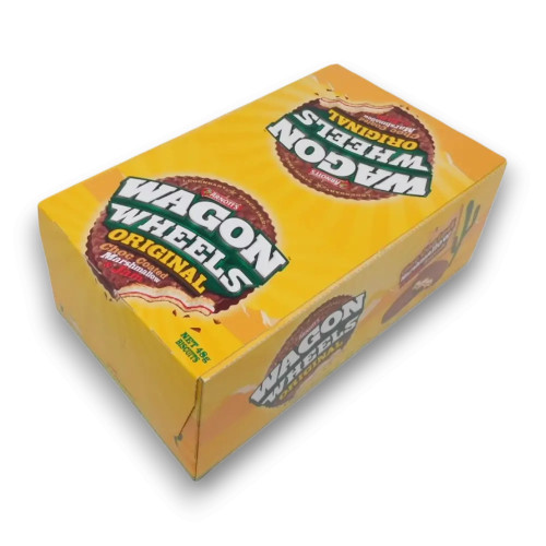Arnotts Wagon Wheels 16 x 48g carton with red and white branding, available at The Professors Online Lolly Shop.