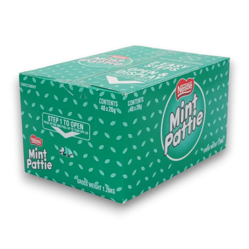 Nestle Mint Pattie bulk packaging showcasing 48 x 20g patties with refreshing mint centre and 30% dark chocolate.