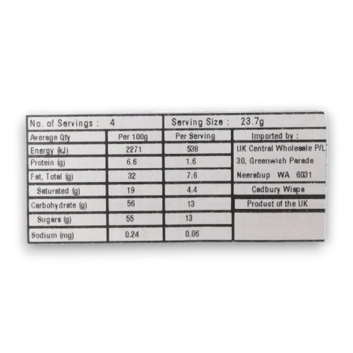 Nutrition facts of Cadbury Wispa Bar 4 x 23.7g pack.