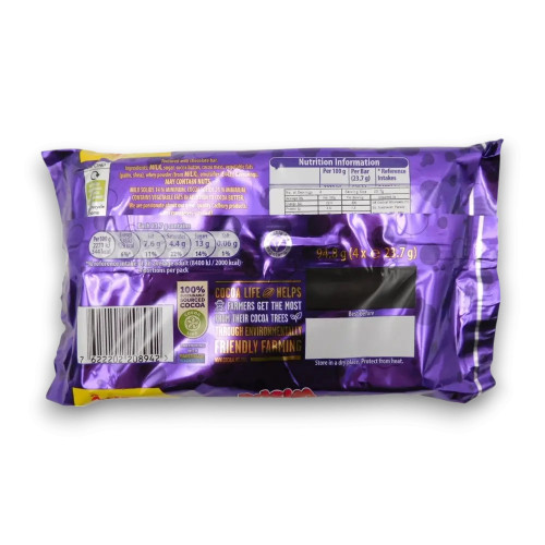 Cadbury Wispa Bar 4-pack with nutritional information and sustainable cocoa farming details.
