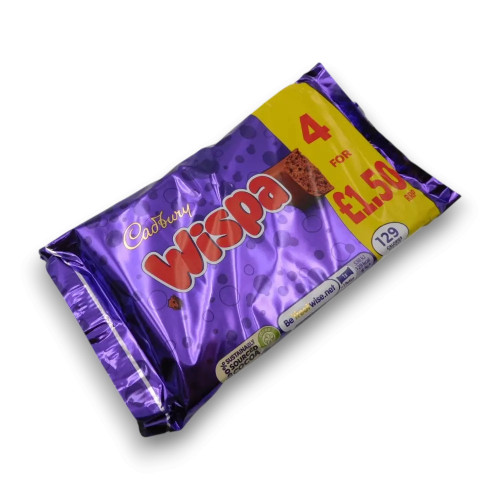Cadbury Wispa Bar 4 x 23.7g packaging highlighting vegetarian-friendly chocolate treat.