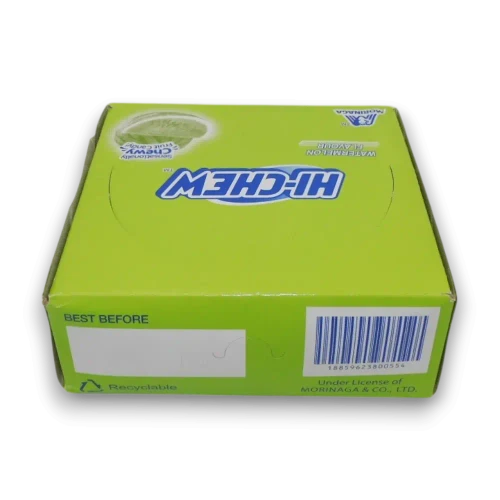 Watermelon flavoured Hi-Chew chewy candy sticks in a retail display unit of 12 packs from The Professors