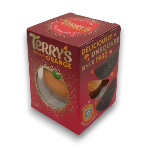 Terry's Chocolate Orange Dark Ball 145g gift box containing orange-shaped dark chocolate at The Professors Online Lolly Shop.