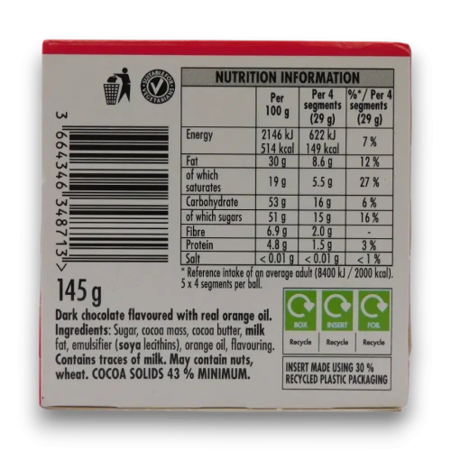 Nutritional information label of Terry's Chocolate Orange Dark Ball 145g