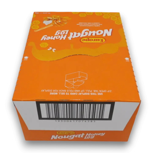 Display unit of Europe Nougat Honey Log bars from The Professors Online Lolly Shop.