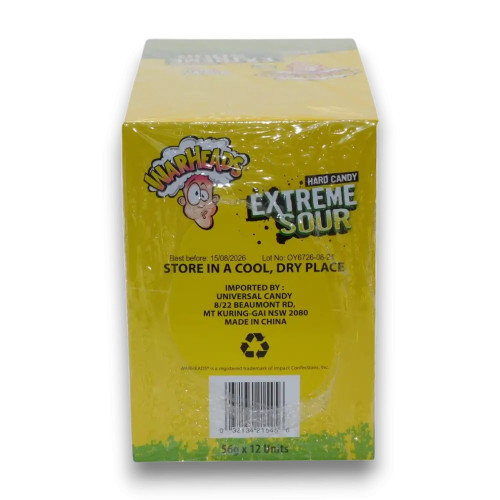 Warheads Extreme Sour Candy Hang Sell Bags 12 x 56g box, available at The Professors Online Lolly Shop.
