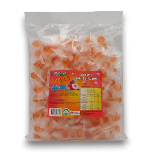 Juicy Jelly Peeled Gummy White Peach 1kg bulk bag with round amber-orange gummies, available at The Professors.