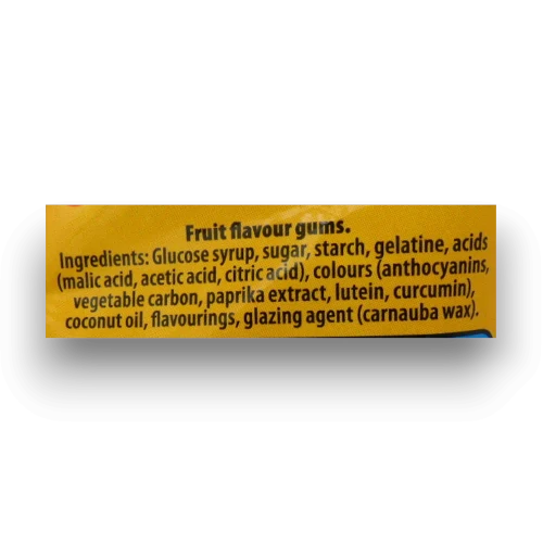 Ingredients list of Maynards Bassetts Wine Gums 130g bag
