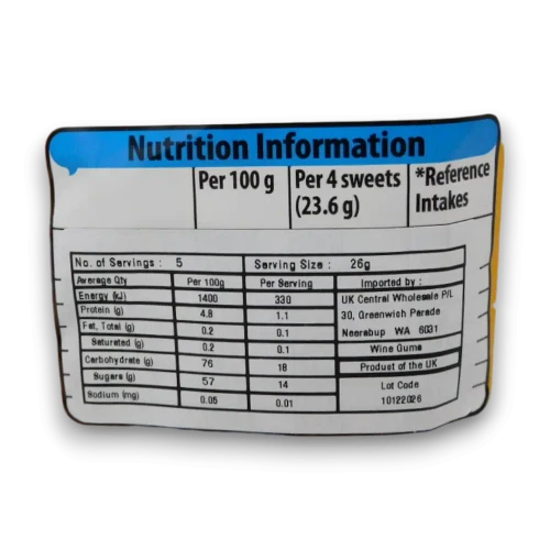 Nutritional information of Maynards Bassetts Wine Gums 130g bag