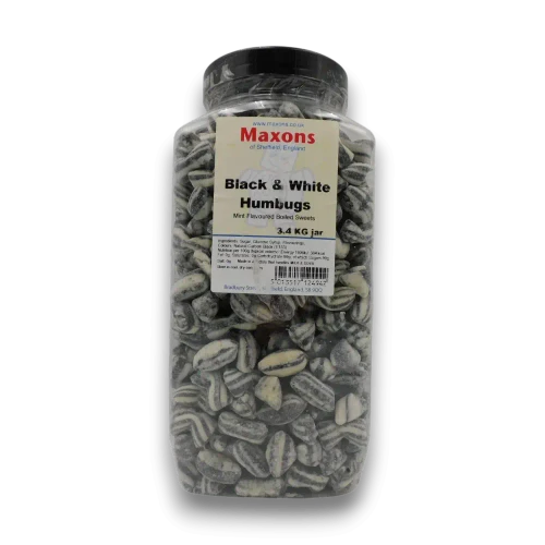 Maxons Black and White Humbugs 3.4kg jar filled with peppermint flavoured boiled sweets, available at The Professors Online Lolly Shop.
