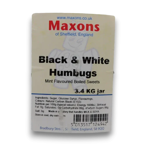 Ingredients list of Maxons Black and White Humbugs 3.4kg jar