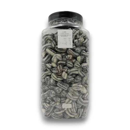 Traditional black and white peppermint humbug boiled sweets by Maxons in a 3.4kg jar, available at The Professors Online Lolly Shop.