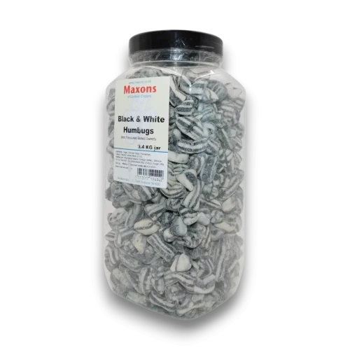 Maxons Black and White Humbugs peppermint boiled sweets in a large 3.4kg PET jar, available at The Professors Online Lolly Shop.