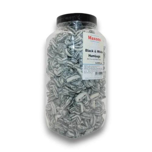 Maxons Black and White Humbugs 3.4kg bulk jar showing traditional striped mint boiled sweets, available at The Professors Online Lolly Shop.