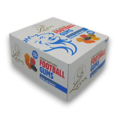 Lion Football Gums 2kg bulk box with approximately 512 fruit and liquorice flavoured hard gums, available at The Professors Online Lolly Shop.