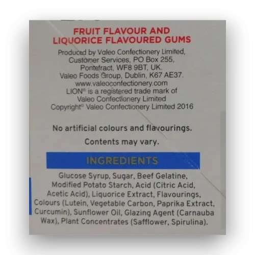 Ingredients list of Lion Original Football Gums 2kg box