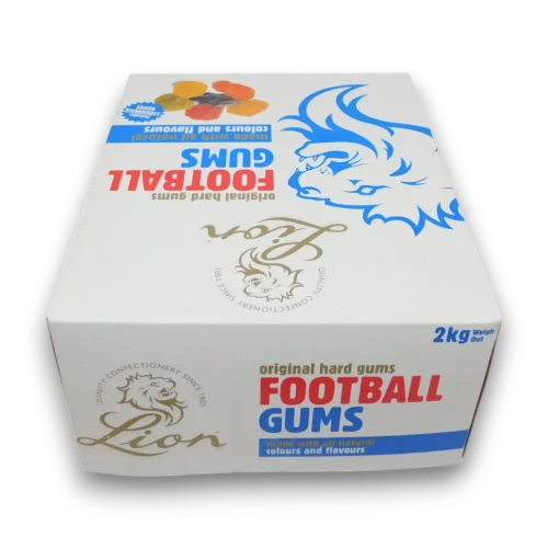 Lion Football Gums 2kg box of traditional hard gum sweets made to the original recipe, available at The Professors Online Lolly Shop.