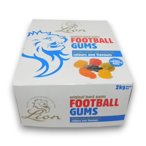 Lion Original Football Gums 2kg box featuring classic fruit and liquorice flavoured hard gum sweets, available at The Professors Online Lolly Shop.