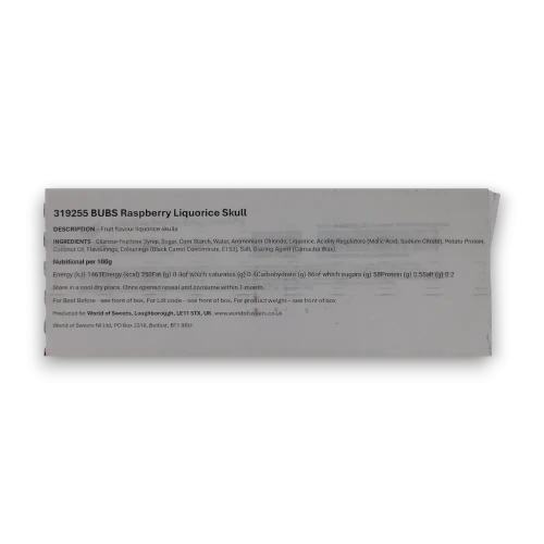 Nutritional information of Swedish BUBS Raspberry and Liquorice Skulls 2.8kg bulk box