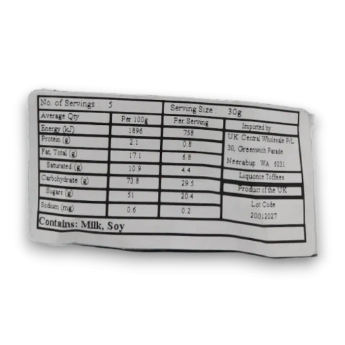 Nutritional information of Walkers Liquorice Toffees in a 150g
