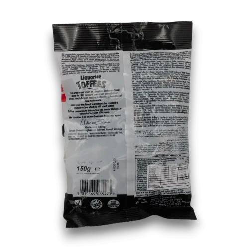 Walkers Liquorice Toffees in a 150g sharing bag of liquorice flavoured chewy sweets, available at The Professors Online Lolly Shop.