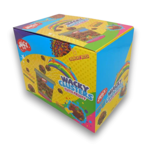 Juicy Jelly Wacky Clusters Tutti Frutti 150g tubs in a display carton with crunchy bites and gummy centres